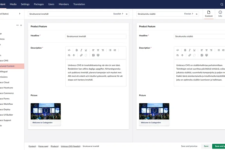 The Umbraco editor: the same product page being edited side by side in Swedish and Finnish.